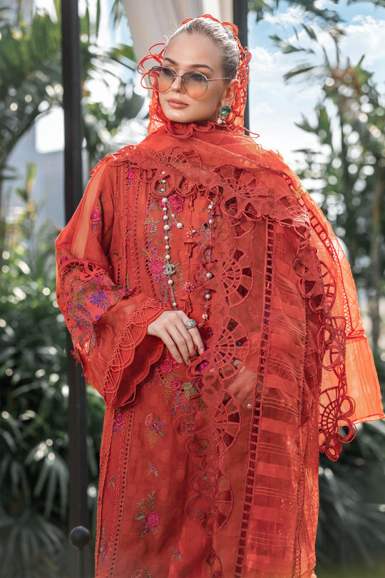 Maria B Luxury Eid Lawn Unstitched 3 Piece Embroidered Suit EL-23-03-Brunt Orange - Luxury Summer Collection D & M COLLECTION AND NIZAMI JEWELRY