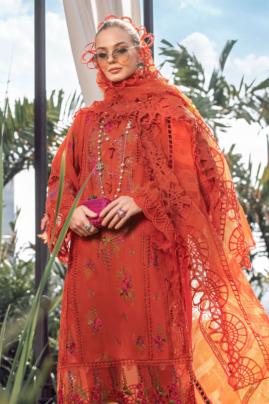 Maria B Luxury Eid Lawn Unstitched 3 Piece Embroidered Suit EL-23-03-Brunt Orange - Luxury Summer Collection D & M COLLECTION AND NIZAMI JEWELRY