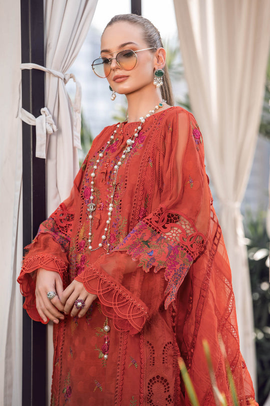 Maria B Luxury Eid Lawn Unstitched 3 Piece Embroidered Suit EL-23-03-Brunt Orange - Luxury Summer Collection D & M COLLECTION AND NIZAMI JEWELRY