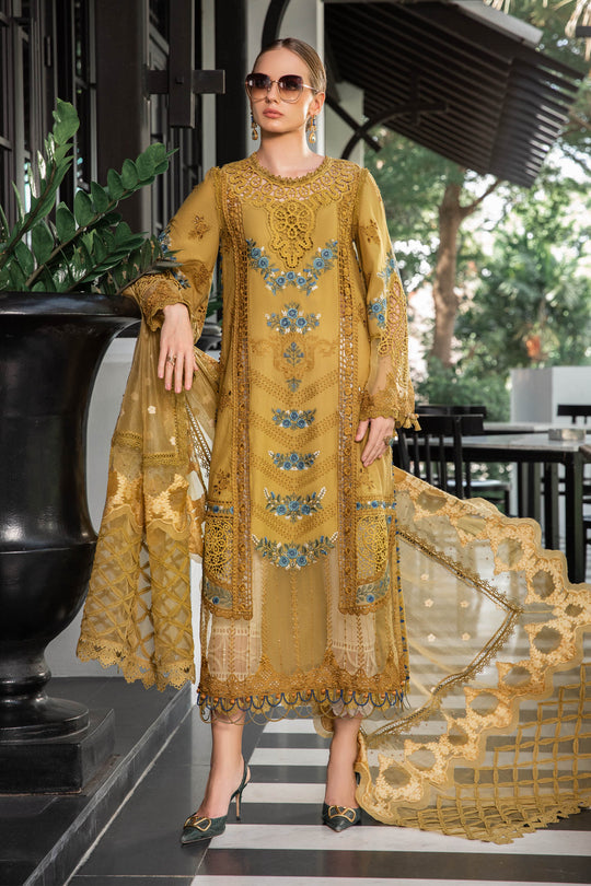 Maria B Luxury Eid Lawn Unstitched 3 Piece Embroidered Suit EL-23-06-Mustard - Luxury Summer Collection D & M COLLECTION AND NIZAMI JEWELRY