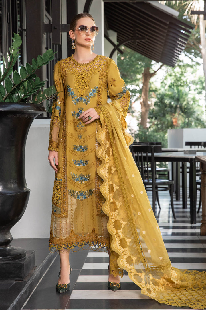 Maria B Luxury Eid Lawn Unstitched 3 Piece Embroidered Suit EL-23-06-Mustard - Luxury Summer Collection D & M COLLECTION AND NIZAMI JEWELRY