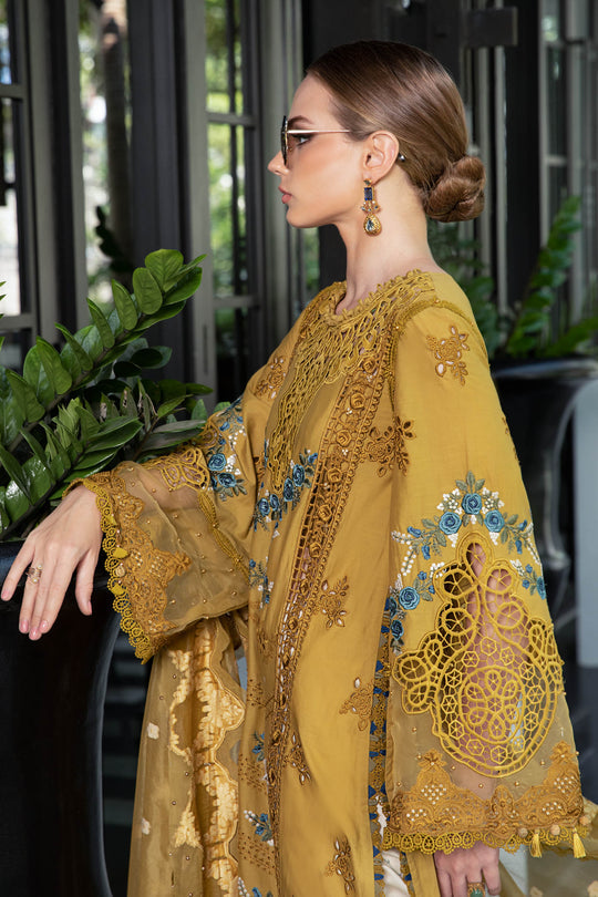 Maria B Luxury Eid Lawn Unstitched 3 Piece Embroidered Suit EL-23-06-Mustard - Luxury Summer Collection D & M COLLECTION AND NIZAMI JEWELRY