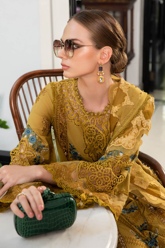 Maria B Luxury Eid Lawn Unstitched 3 Piece Embroidered Suit EL-23-06-Mustard - Luxury Summer Collection D & M COLLECTION AND NIZAMI JEWELRY