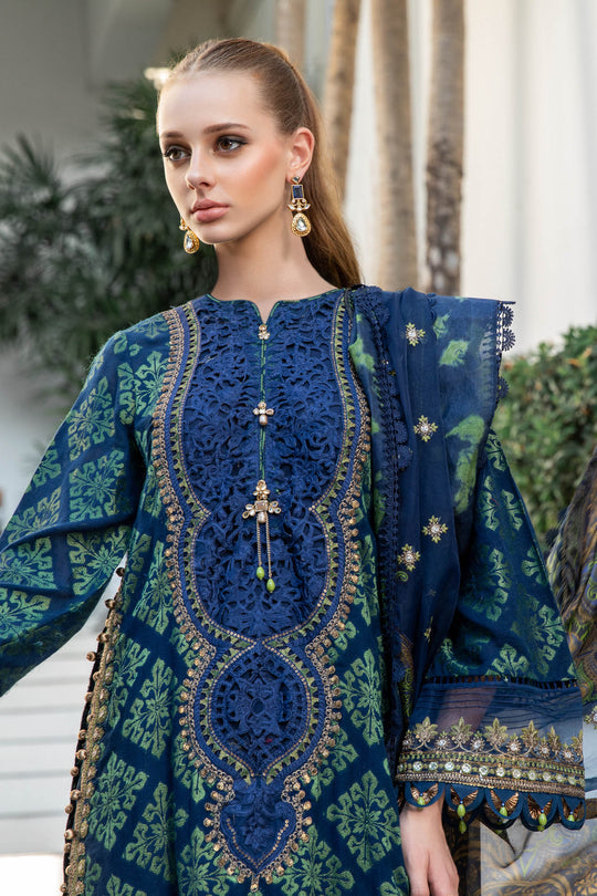 Maria B Luxury Eid Lawn Unstitched 3 Piece Embroidered Suit EL-23-08-Blue - Luxury Summer Collection D & M COLLECTION AND NIZAMI JEWELRY