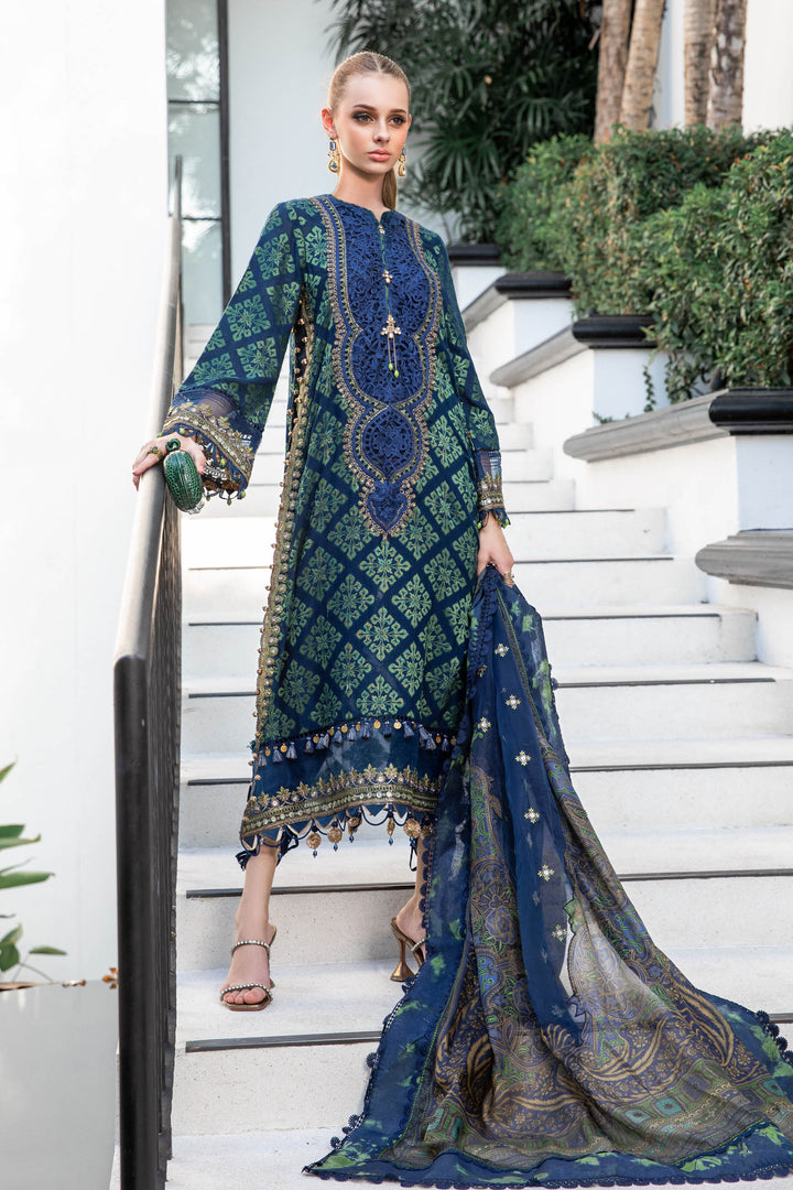 Maria B Luxury Eid Lawn Unstitched 3 Piece Embroidered Suit EL-23-08-Blue - Luxury Summer Collection D & M COLLECTION AND NIZAMI JEWELRY