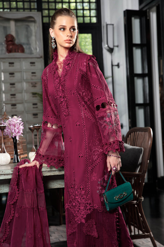 Maria B Luxury Eid Lawn Unstitched 3 Piece Embroidered Suit EL-23-09-Magenta - Luxury Summer Collection D & M COLLECTION AND NIZAMI JEWELRY