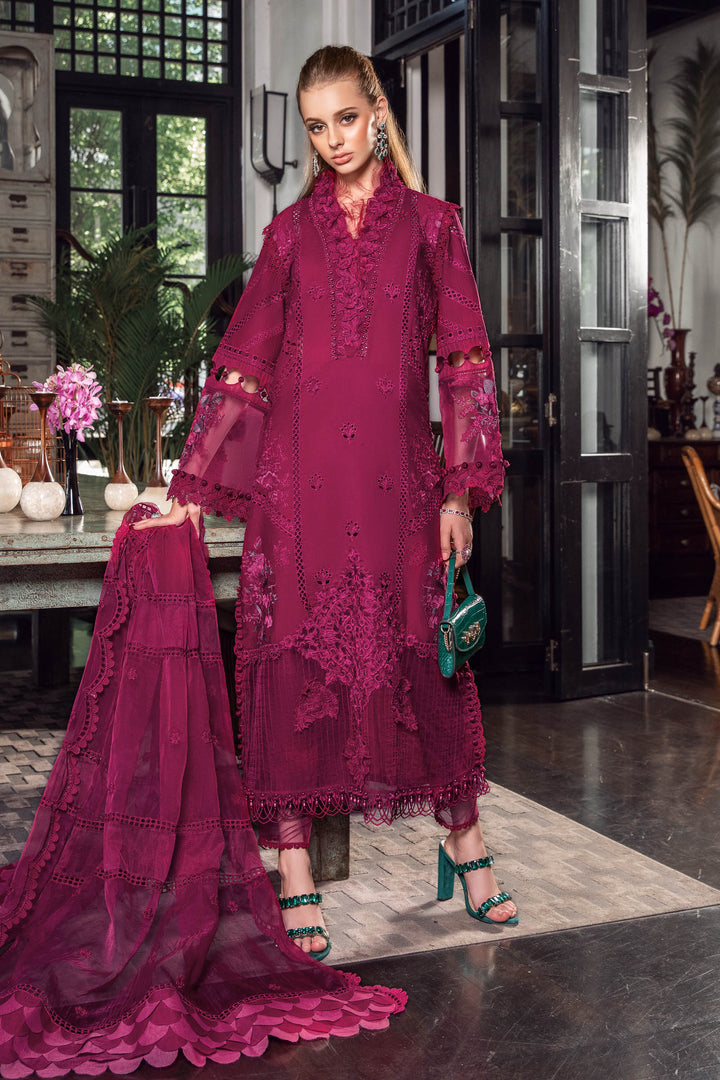 Maria B Luxury Eid Lawn Unstitched 3 Piece Embroidered Suit EL-23-09-Magenta - Luxury Summer Collection D & M COLLECTION AND NIZAMI JEWELRY