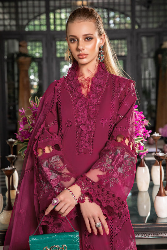 Maria B Luxury Eid Lawn Unstitched 3 Piece Embroidered Suit EL-23-09-Magenta - Luxury Summer Collection D & M COLLECTION AND NIZAMI JEWELRY