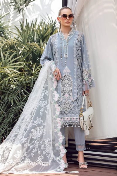 Maria B Luxury Eid Lawn Unstitched 3 Piece Embroidered Suit EL-23-10-Ice Blue - Luxury Summer Collection D & M COLLECTION AND NIZAMI JEWELRY