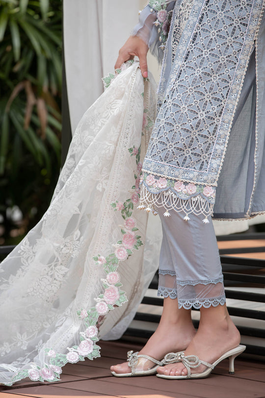 Maria B Luxury Eid Lawn Unstitched 3 Piece Embroidered Suit EL-23-10-Ice Blue - Luxury Summer Collection D & M COLLECTION AND NIZAMI JEWELRY