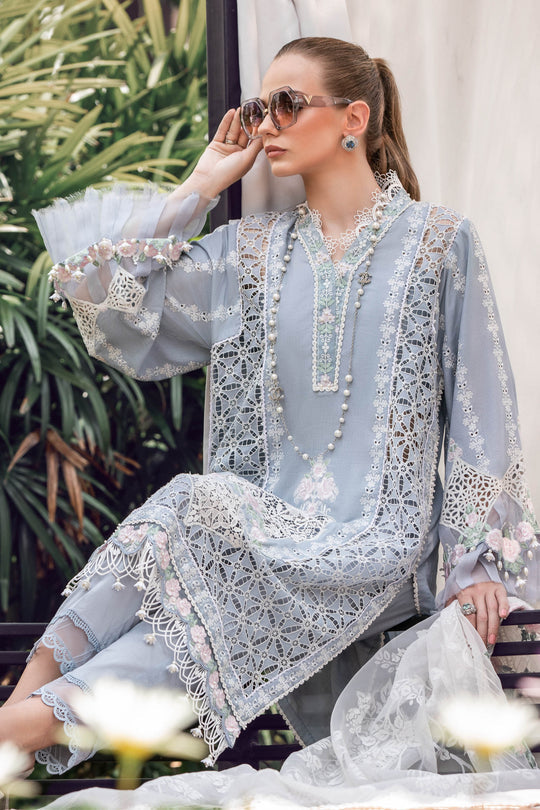 Maria B Luxury Eid Lawn Unstitched 3 Piece Embroidered Suit EL-23-10-Ice Blue - Luxury Summer Collection D & M COLLECTION AND NIZAMI JEWELRY