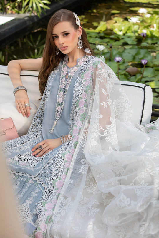 Maria B Luxury Eid Lawn Unstitched 3 Piece Embroidered Suit EL-23-10-Ice Blue - Luxury Summer Collection D & M COLLECTION AND NIZAMI JEWELRY