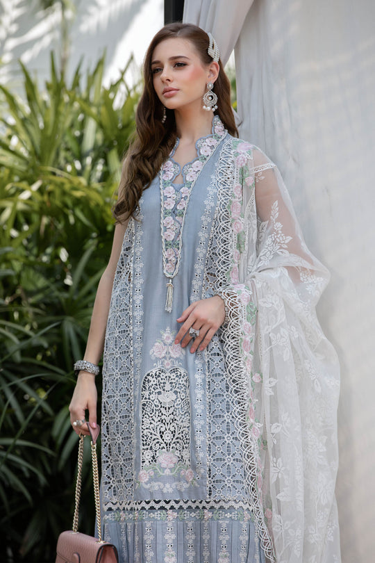 Maria B Luxury Eid Lawn Unstitched 3 Piece Embroidered Suit EL-23-10-Ice Blue - Luxury Summer Collection D & M COLLECTION AND NIZAMI JEWELRY