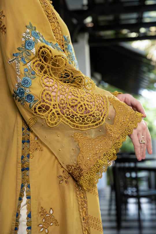 Maria B Stitched 3 Piece Embroidered Luxury Eid Lawn Suit EL-23-06-Mustard - Luxury Summer Collection D & M COLLECTION AND NIZAMI JEWELRY