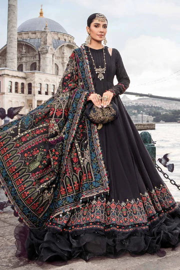 Maria B Unstitched 3 Piece Embroidered Linen Suit MB23LN D1-Black - Luxury Winter Collection