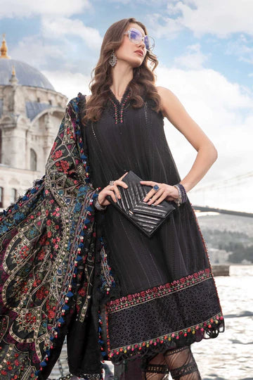 Maria B Unstitched 3 Piece Embroidered Linen Suit MB23LN D1-Black - Luxury Winter Collection