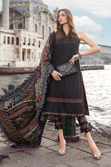 Maria B Unstitched 3 Piece Embroidered Linen Suit MB23LN D1-Black - Luxury Winter Collection