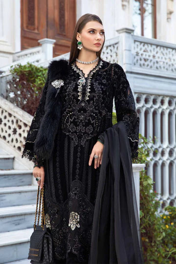 Maria B Unstitched 3 Piece Embroidered Velvet Suit MB23LN D11-Black & Gold - Luxury Winter Collection