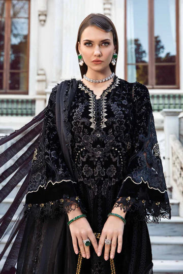 Maria B Unstitched 3 Piece Embroidered Velvet Suit MB23LN D11-Black & Gold - Luxury Winter Collection