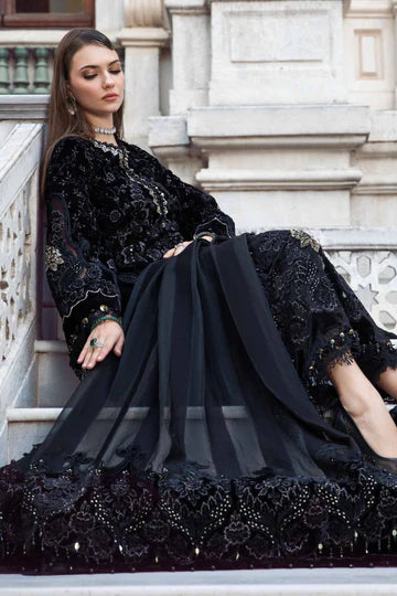 Maria B Unstitched 3 Piece Embroidered Velvet Suit MB23LN D11-Black & Gold - Luxury Winter Collection