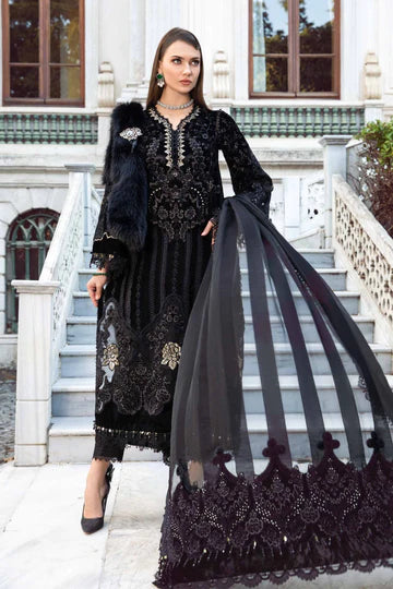 Maria B Unstitched 3 Piece Embroidered Velvet Suit MB23LN D11-Black & Gold - Luxury Winter Collection