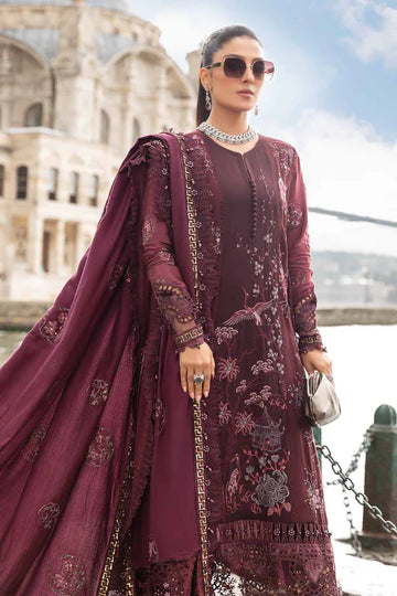 Maria B Unstitched 3 Piece Embroidered Linen Suit MB23LN D3-Aubergine - Luxury Winter Collection