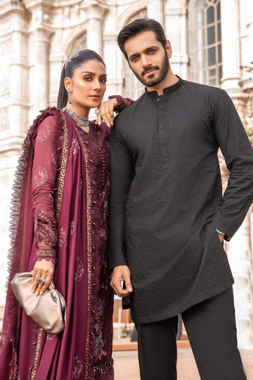 Maria B Unstitched 3 Piece Embroidered Linen Suit MB23LN D3-Aubergine - Luxury Winter Collection