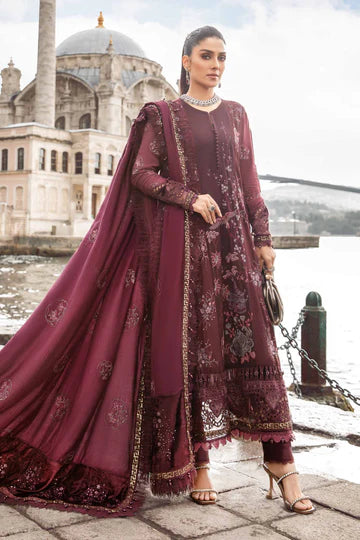 Maria B Unstitched 3 Piece Embroidered Linen Suit MB23LN D3-Aubergine - Luxury Winter Collection