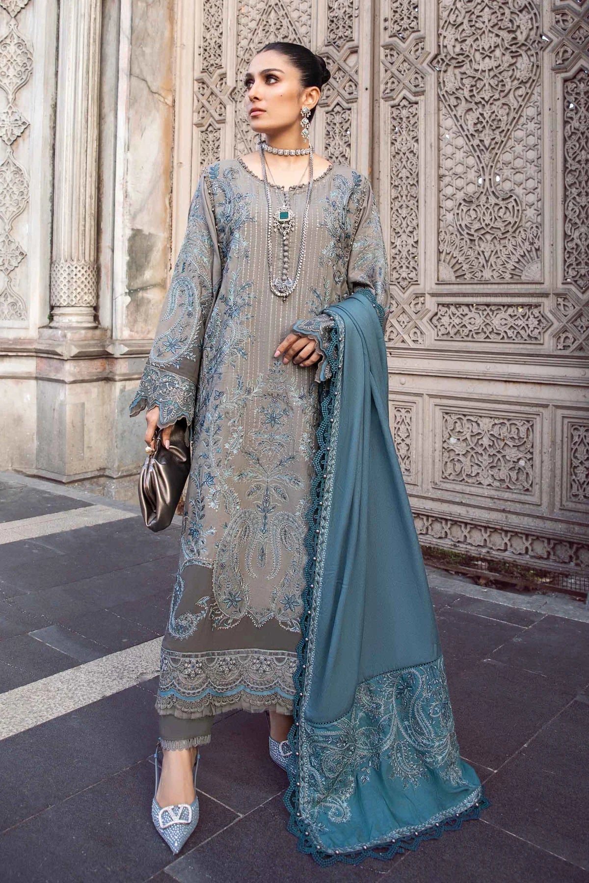 Maria B Unstitched 3 Piece Embroidered Linen Suit MB23LN D4-Grey - Luxury Winter Collection