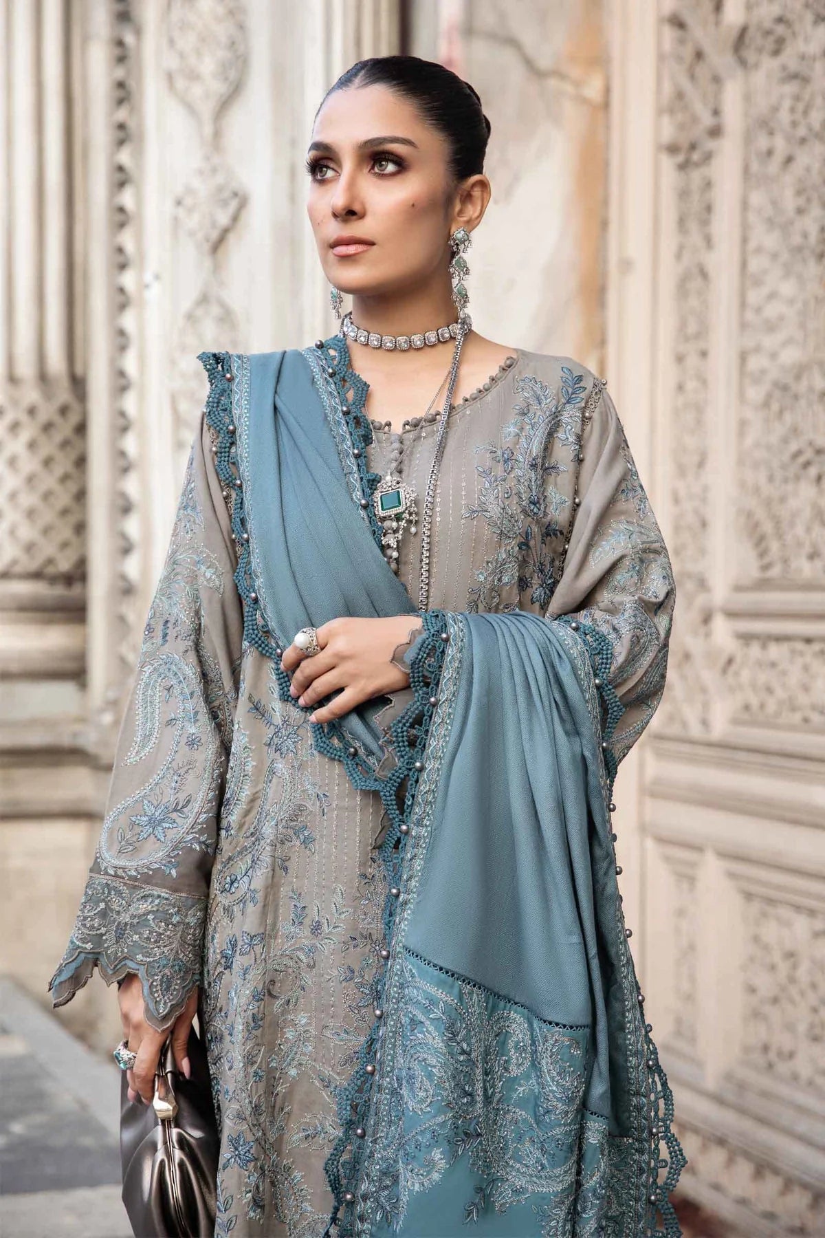 Maria B Unstitched 3 Piece Embroidered Linen Suit MB23LN D4-Grey - Luxury Winter Collection