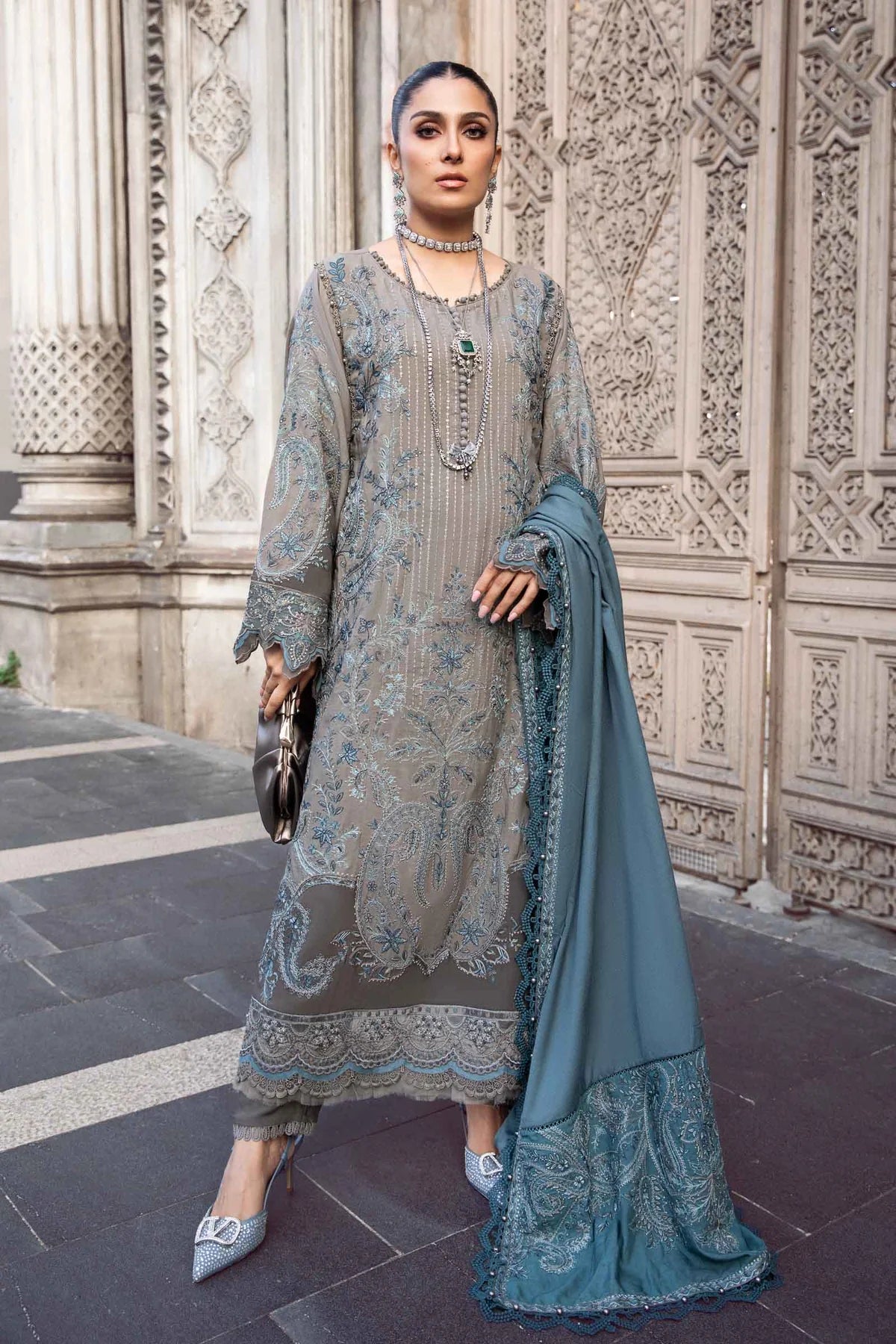 Maria B Unstitched 3 Piece Embroidered Linen Suit MB23LN D4-Grey - Luxury Winter Collection