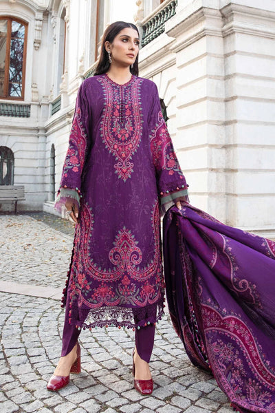 Maria B Unstitched 3 Piece Embroidered Linen Suit MB23LN D8-Purple - Luxury Winter Collection