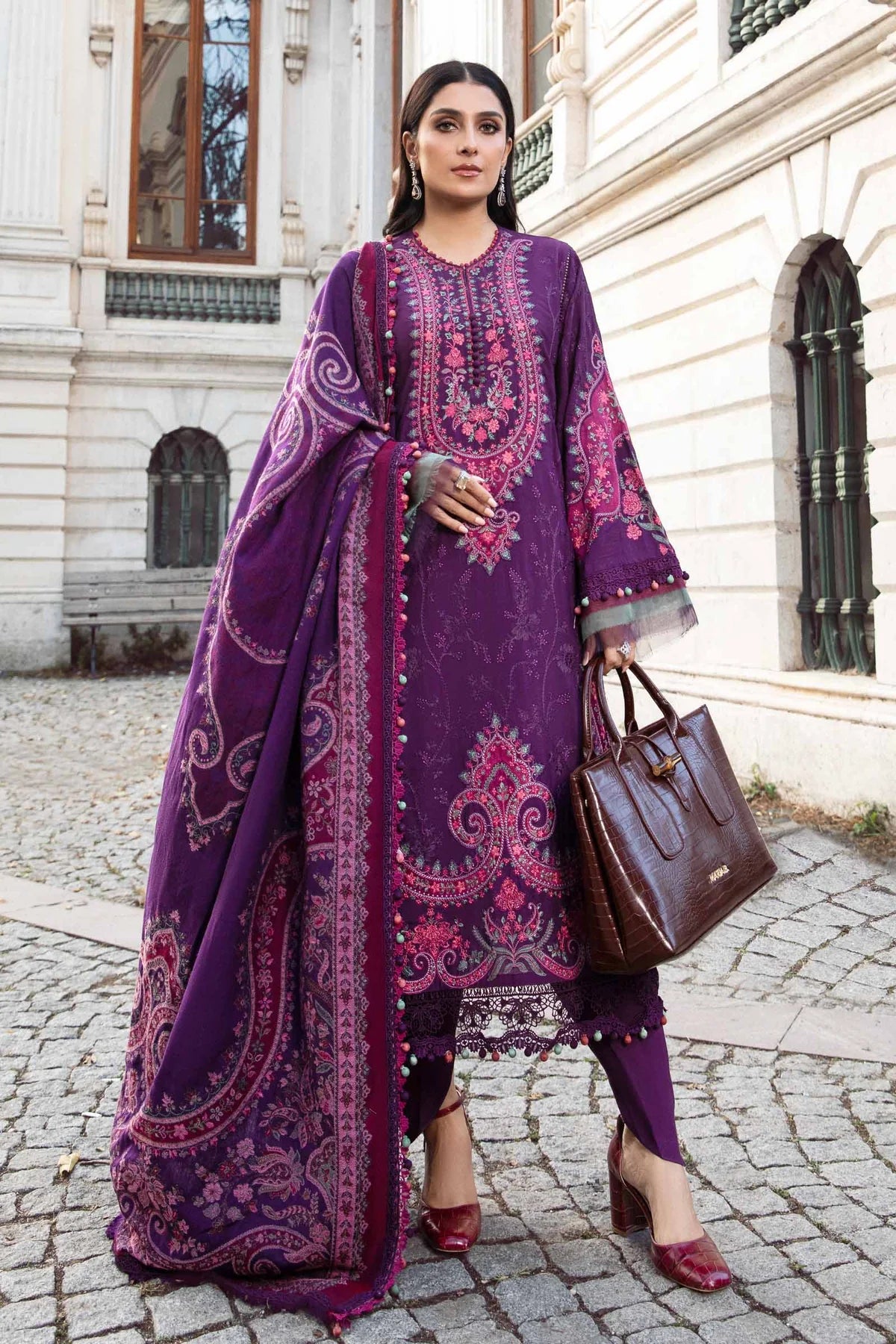 Maria B Unstitched 3 Piece Embroidered Linen Suit MB23LN D8-Purple - Luxury Winter Collection