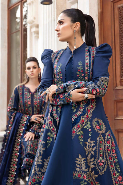 Maria B Unstitched 3 Piece Embroidered Linen Suit MB23LN D9-Navy Blue - Luxury Winter Collection