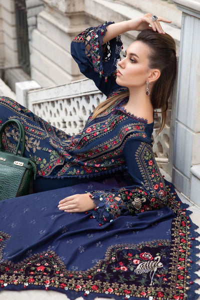 Maria B Unstitched 3 Piece Embroidered Linen Suit MB23LN D9-Navy Blue - Luxury Winter Collection