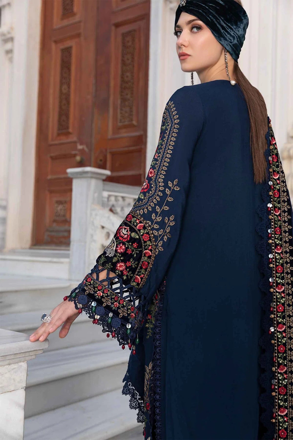 Maria B Unstitched 3 Piece Embroidered Linen Suit MB23LN D9-Navy Blue - Luxury Winter Collection