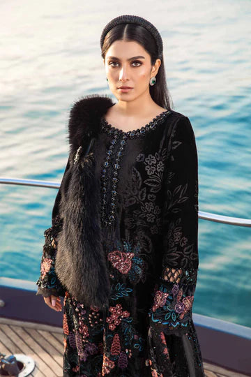 Maria B Unstitched 3 Piece Embroidered Velvet Suit MB23LN D2-Black - Luxury Winter Collection