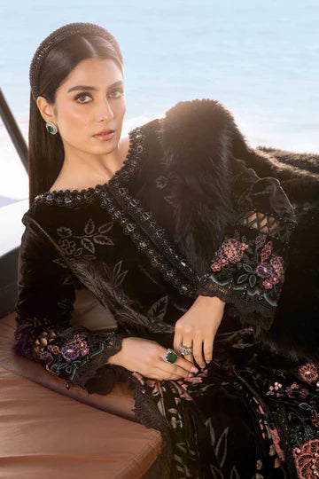 Maria B Unstitched 3 Piece Embroidered Velvet Suit MB23LN D2-Black - Luxury Winter Collection