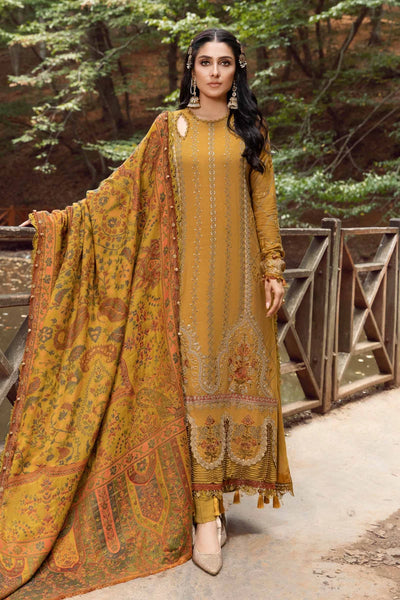 Maria B Unstitched 3 Piece Embroidered Linen Suit MB23LN D10-Mustard - Luxury Winter Collection