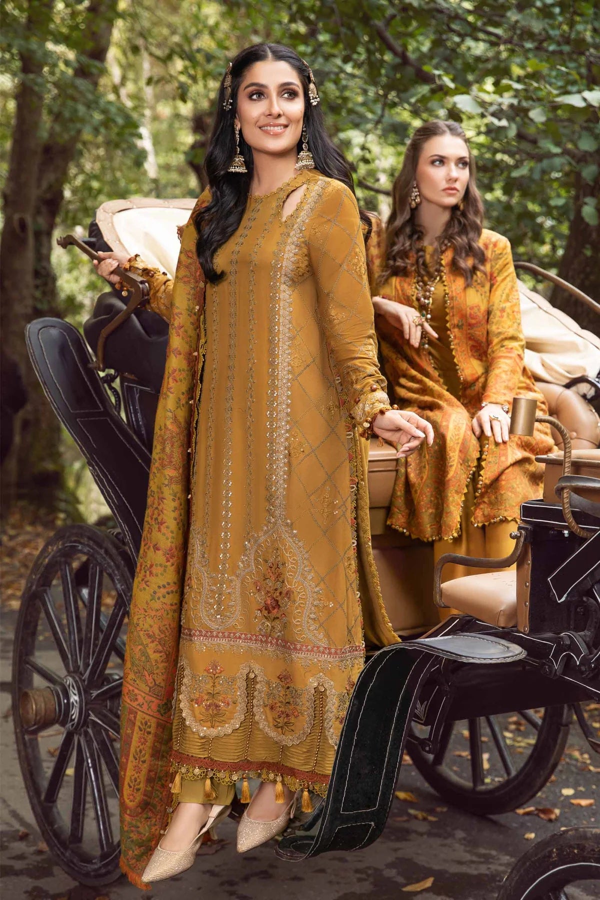 Maria B Unstitched 3 Piece Embroidered Linen Suit MB23LN D10-Mustard - Luxury Winter Collection