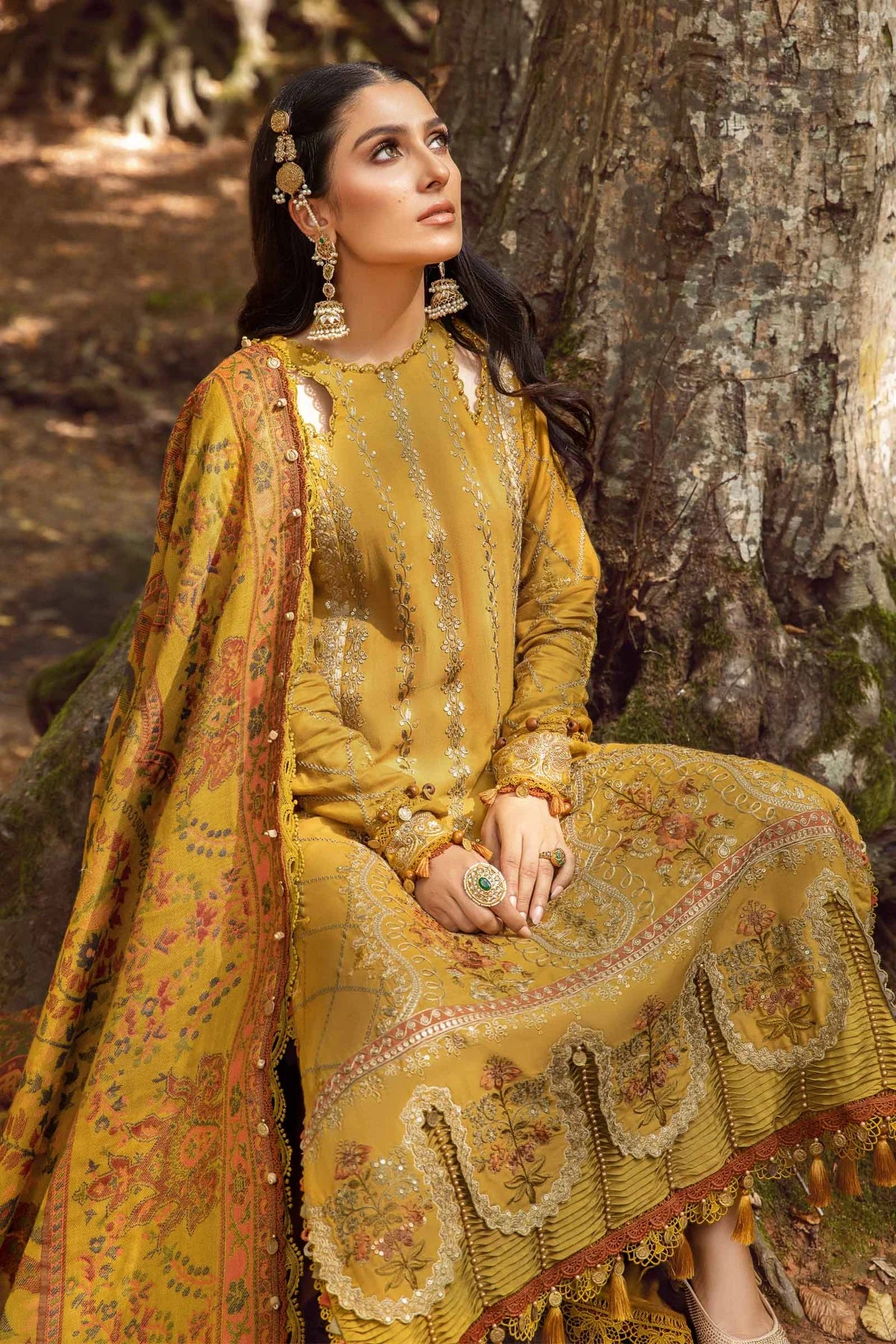 Maria B Unstitched 3 Piece Embroidered Linen Suit MB23LN D10-Mustard - Luxury Winter Collection