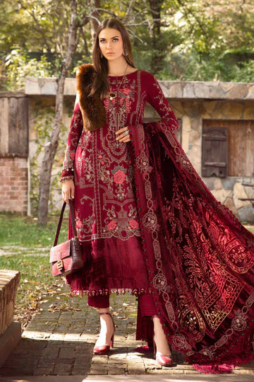 Maria B Unstitched 3 Piece Embroidered Linen Suit MB23LN D12-Deep Pink - Luxury Winter Collection