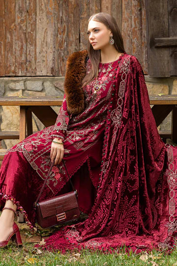 Maria B Unstitched 3 Piece Embroidered Linen Suit MB23LN D12-Deep Pink - Luxury Winter Collection