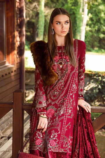 Maria B Unstitched 3 Piece Embroidered Linen Suit MB23LN D12-Deep Pink - Luxury Winter Collection