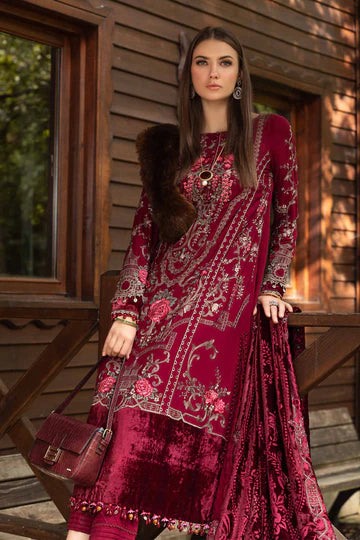 Maria B Unstitched 3 Piece Embroidered Linen Suit MB23LN D12-Deep Pink - Luxury Winter Collection