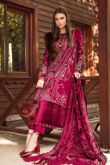 Maria B Unstitched 3 Piece Embroidered Linen Suit MB23LN D12-Deep Pink - Luxury Winter Collection