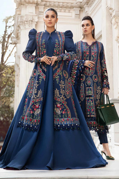 Maria B Unstitched 3 Piece Embroidered Linen Suit MB23LN D9-Navy Blue - Luxury Winter Collection