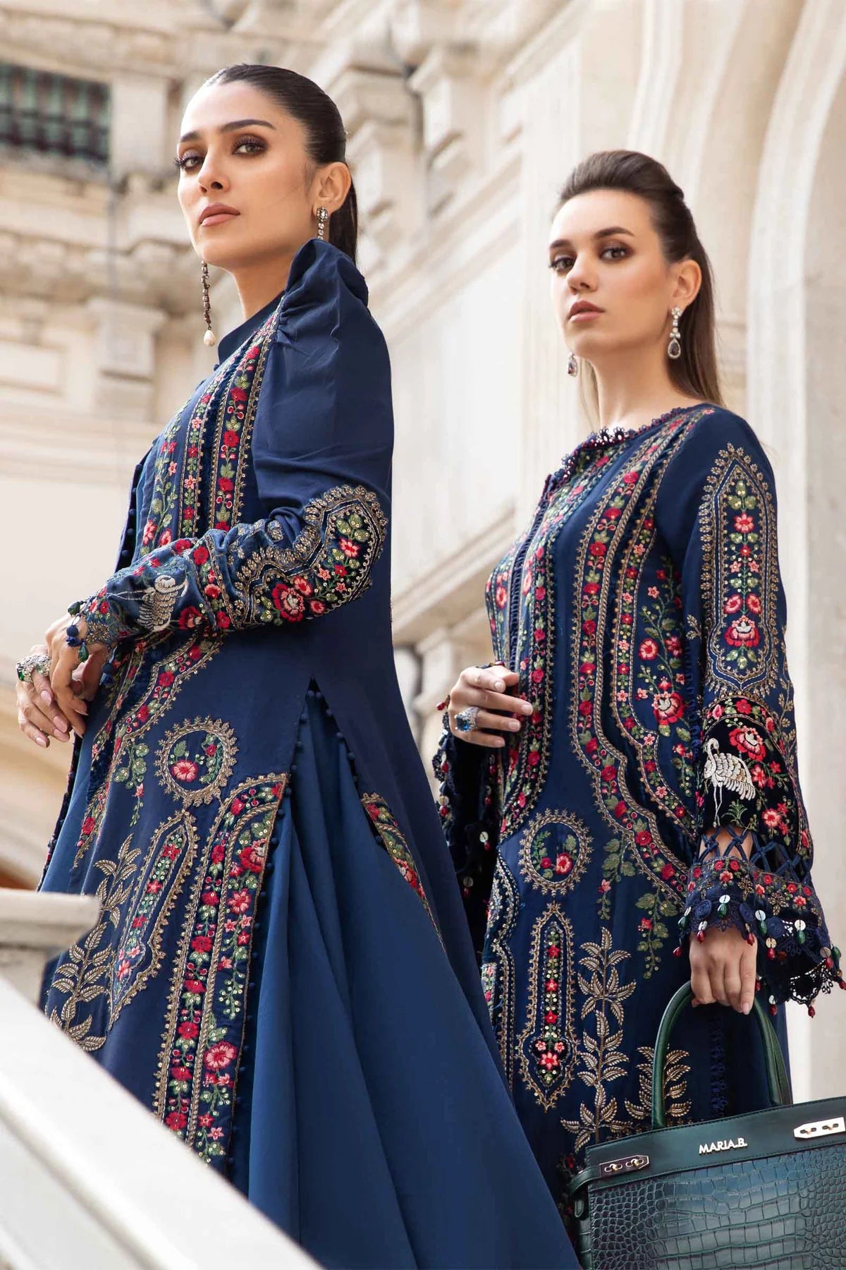 Maria B Unstitched 3 Piece Embroidered Linen Suit MB23LN D9-Navy Blue - Luxury Winter Collection