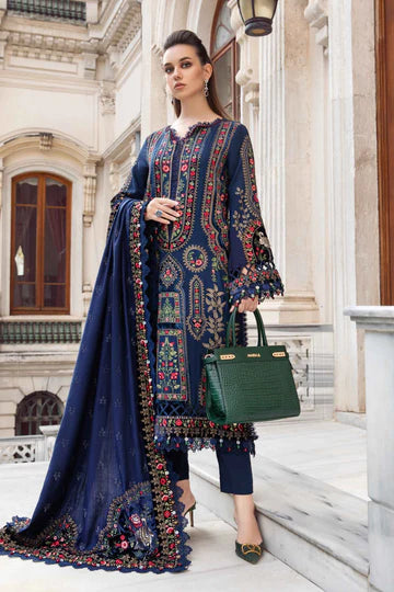 Maria B Unstitched 3 Piece Embroidered Linen Suit MB23LN D9-Navy Blue - Luxury Winter Collection