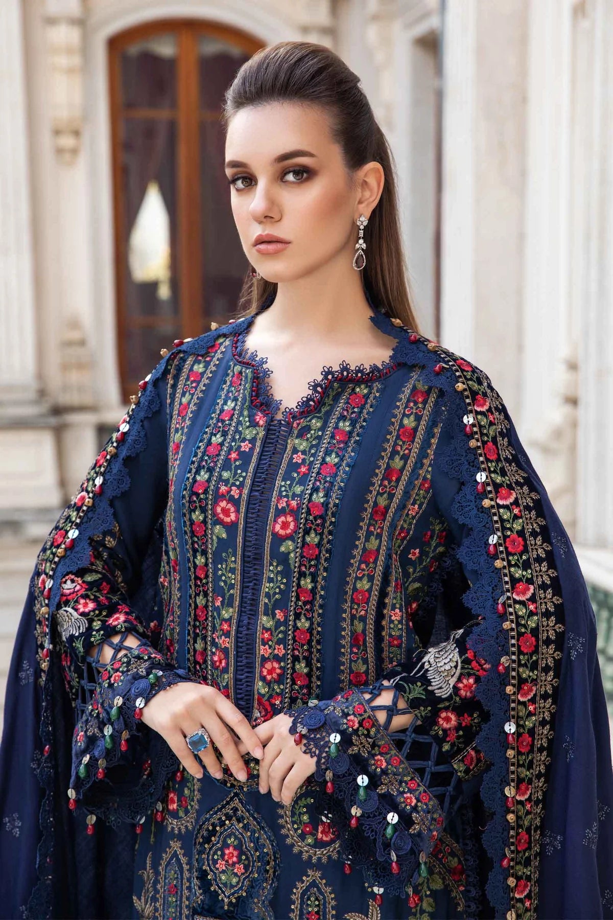 Maria B Unstitched 3 Piece Embroidered Linen Suit MB23LN D9-Navy Blue - Luxury Winter Collection